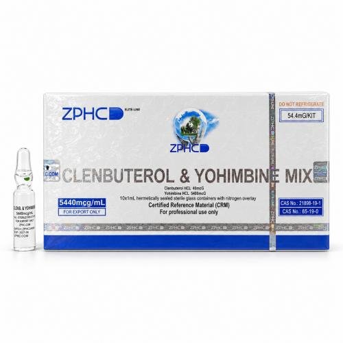 ZPHC Elite-Line Clenbuterol & Yohimbine Mix 5440 mcg/mL package displayed with a glass ampoule on a clean white background.