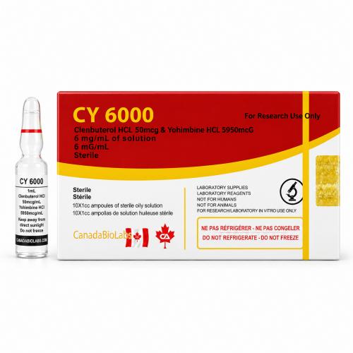 CanadaBioLabs CY 6000 Clenbuterol HCL and Yohimbine HCL product box displayed with a glass ampoule on a clean white background.