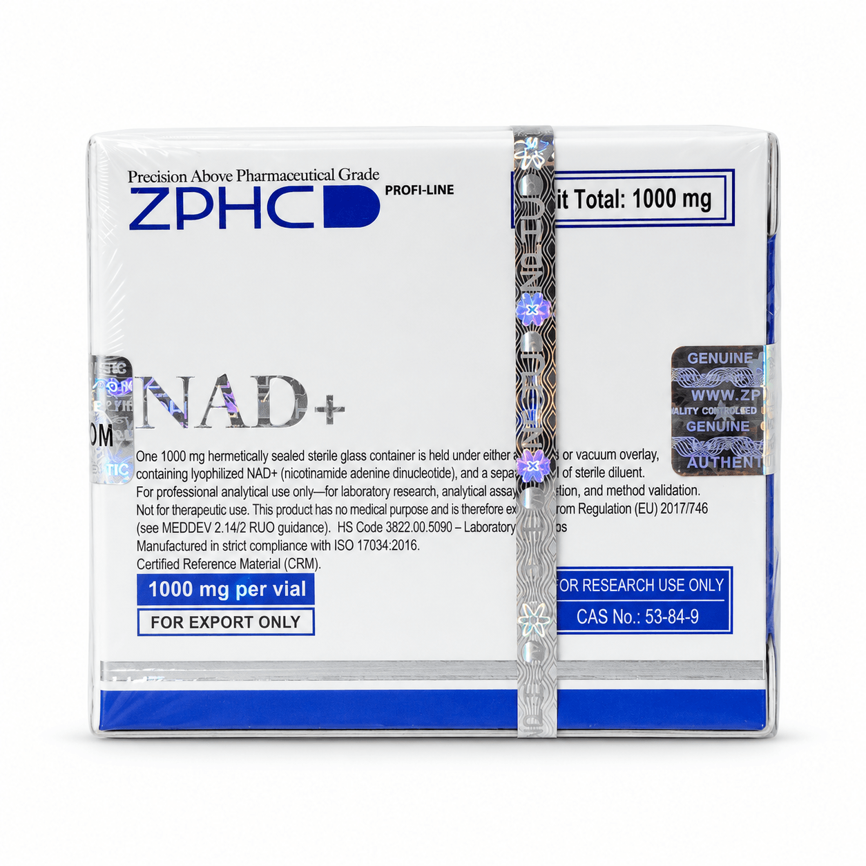 ZPHC Profi-Line NAD+ 1000 mg product box with blue labeling and holographic security seals on a clean white background.