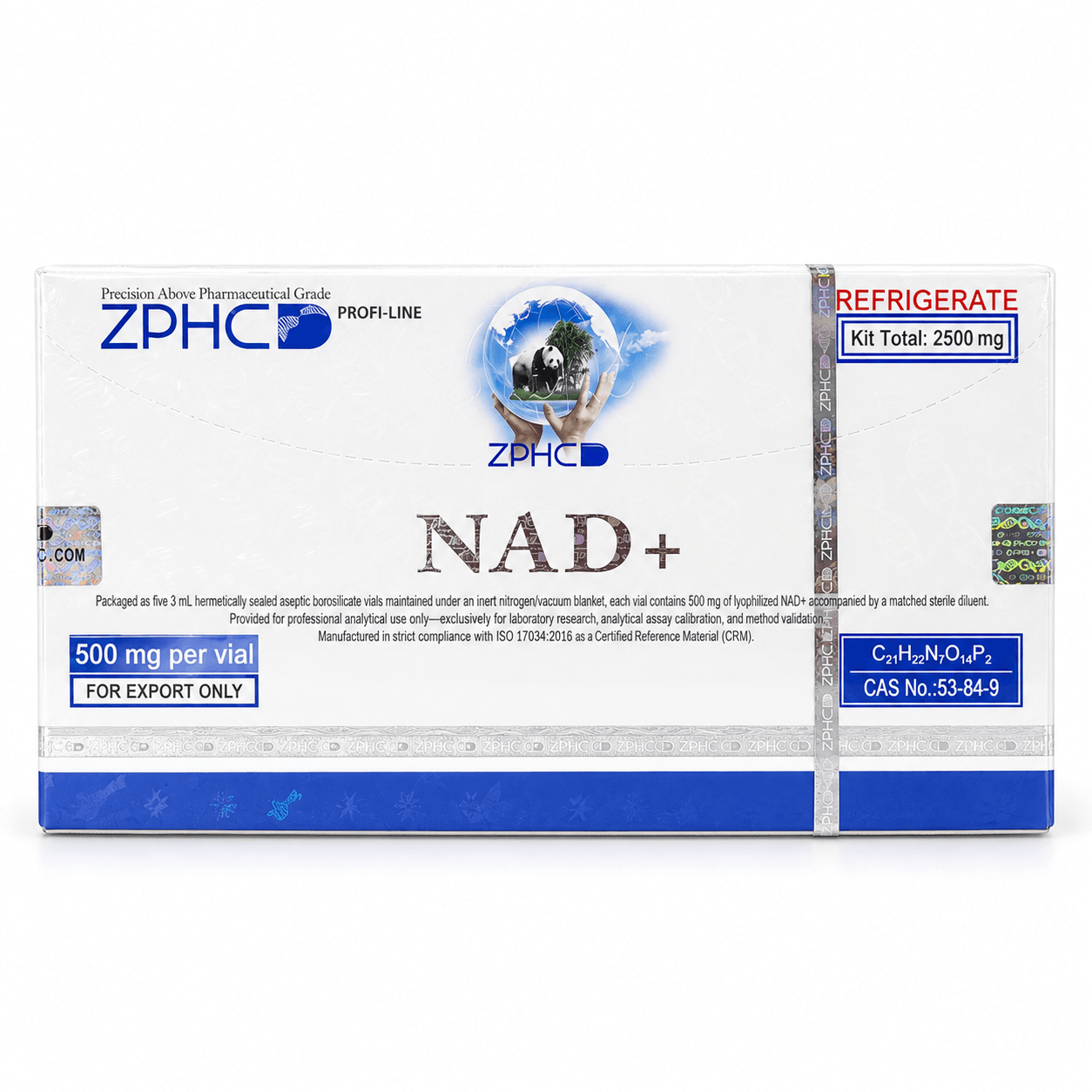 ZPHC Profi-Line NAD+ 500 mg per vial kit, 2500 mg total, in white and blue packaging with holographic security seals on a clean white background.