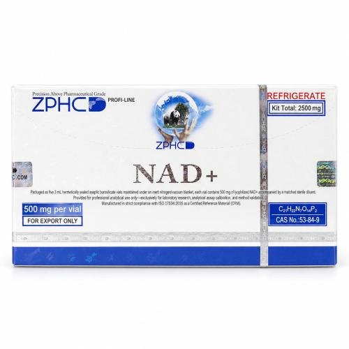 ZPHC Profi-Line NAD+ 500 mg per vial kit, 2500 mg total, in white and blue packaging with holographic security seals on a clean white background.