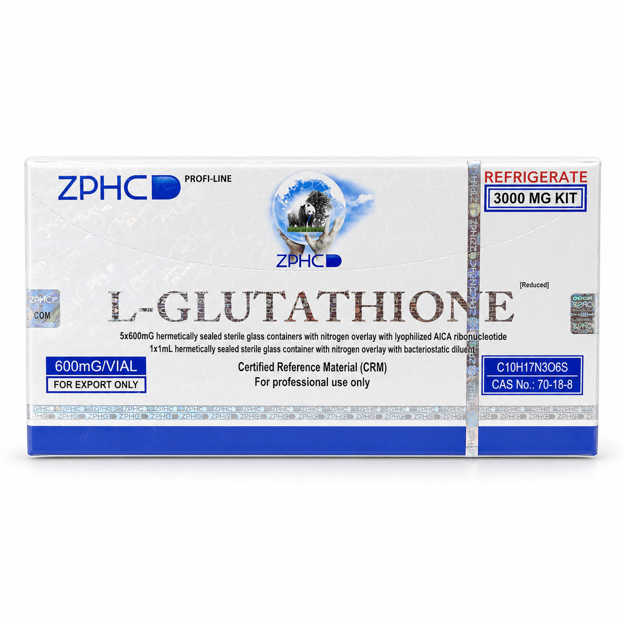 ZPHC L-Glutathione 3000 mg kit box with 600 mg vials, holographic security packaging, photographed on a white background.