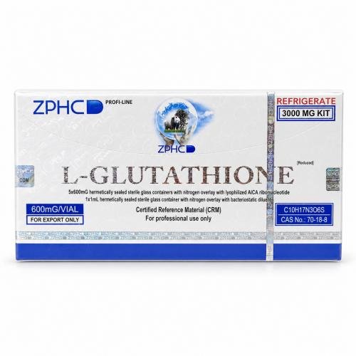 ZPHC L-Glutathione 3000 mg kit box with 600 mg vials, holographic security packaging, photographed on a white background.