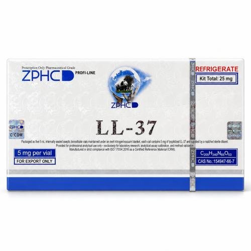 ZPHC LL-37 25 mg kit box with 5 mg per vial, holographic security packaging, photographed on a white background.