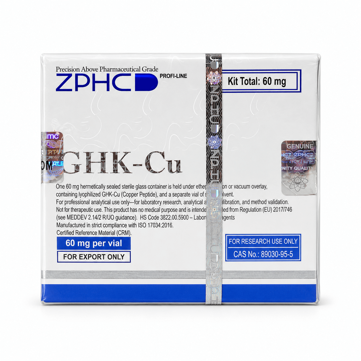 ZPHC GHK-Cu 60 mg kit box with holographic security seals and research-use labeling, photographed on a white background.