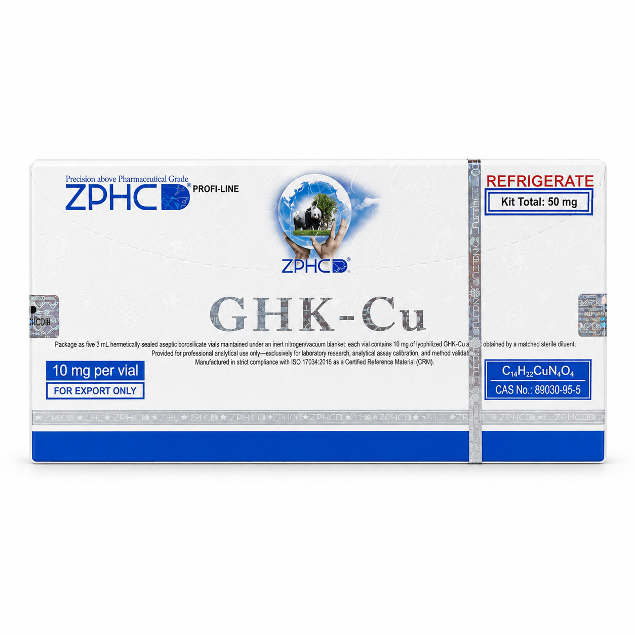 ZPHCD GHK-Cu 50 mg kit box with 10 mg per vial, holographic security details, and refrigerate label, photographed on a white background.