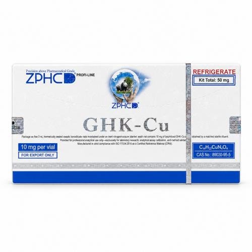 ZPHCD GHK-Cu 50 mg kit box with 10 mg per vial, holographic security details, and refrigerate label, photographed on a white background.