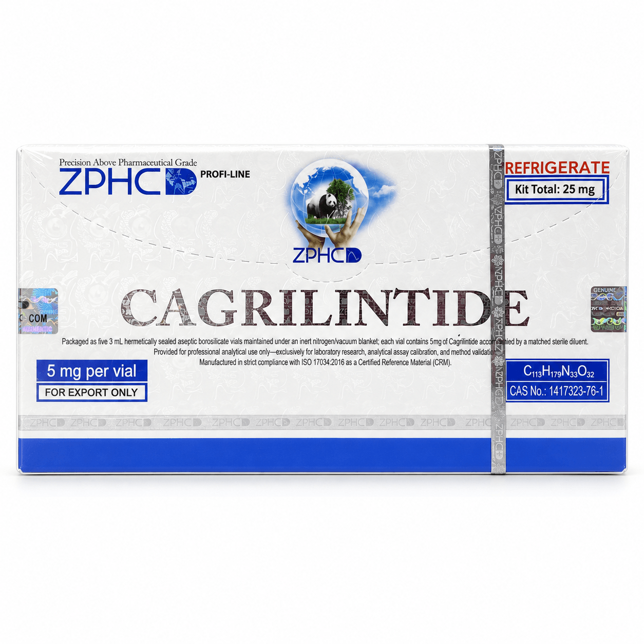 ZPHCD Cagrilintide 25 mg kit box with 5 mg per vial, holographic security details, and refrigerate label, photographed on a white background.