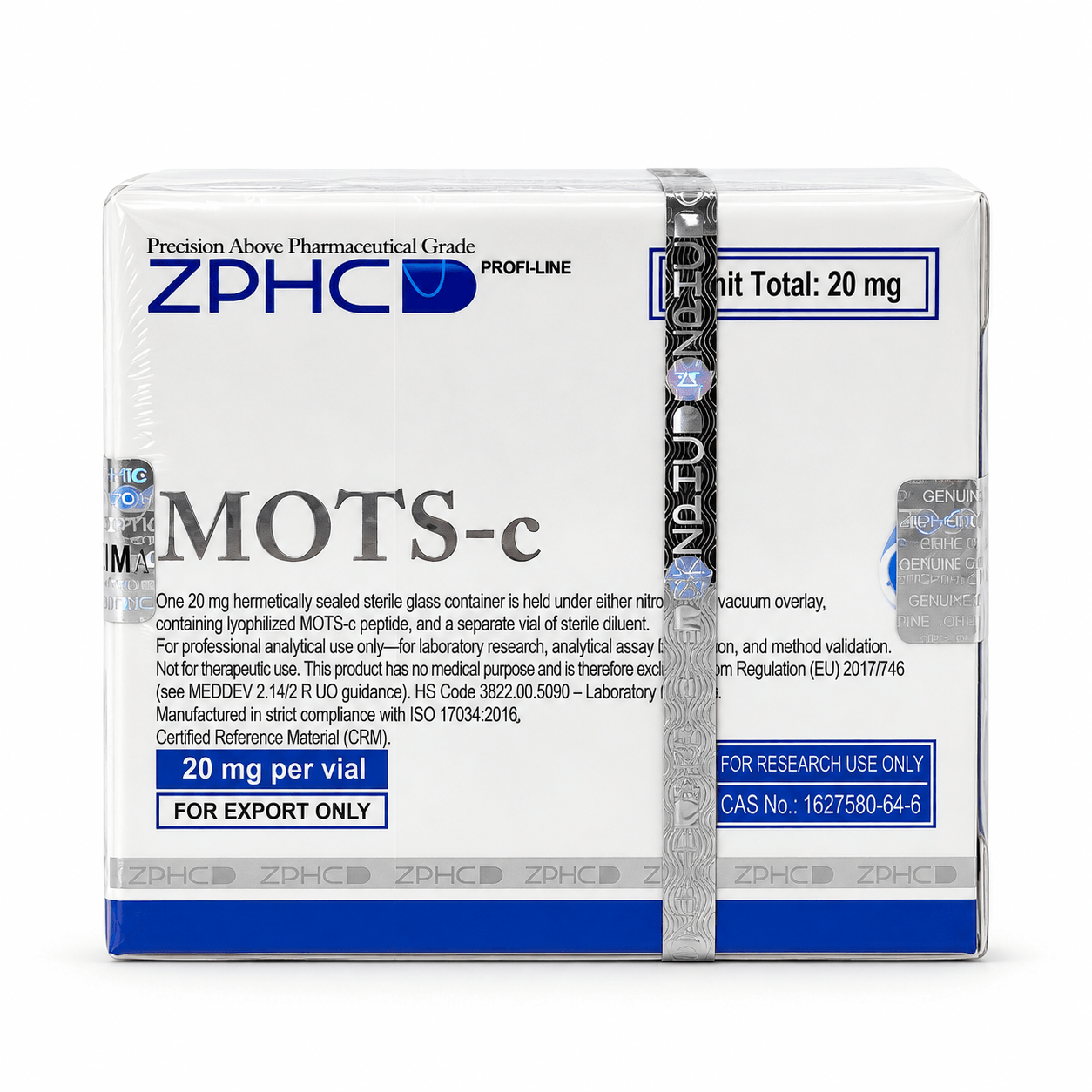 ZPHC MOTS-c 20 mg kit box with 20 mg per vial, holographic security seals, and research-use labeling, photographed on a white background.