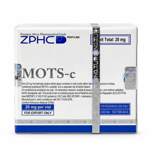 ZPHC MOTS-c 20 mg kit box with 20 mg per vial, holographic security seals, and research-use labeling, photographed on a white background.