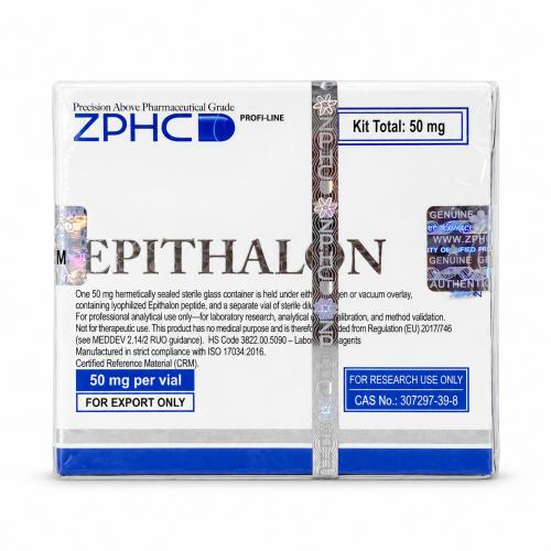 ZPHC Epithalon 50 mg kit box with holographic security seals, 50 mg per vial labeling, and research-use packaging, photographed on a white background.