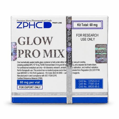 ZPHC Glow Pro Mix 60 mg kit box with holographic security seals, research-use labeling, and multiple CAS numbers, photographed on a white background.