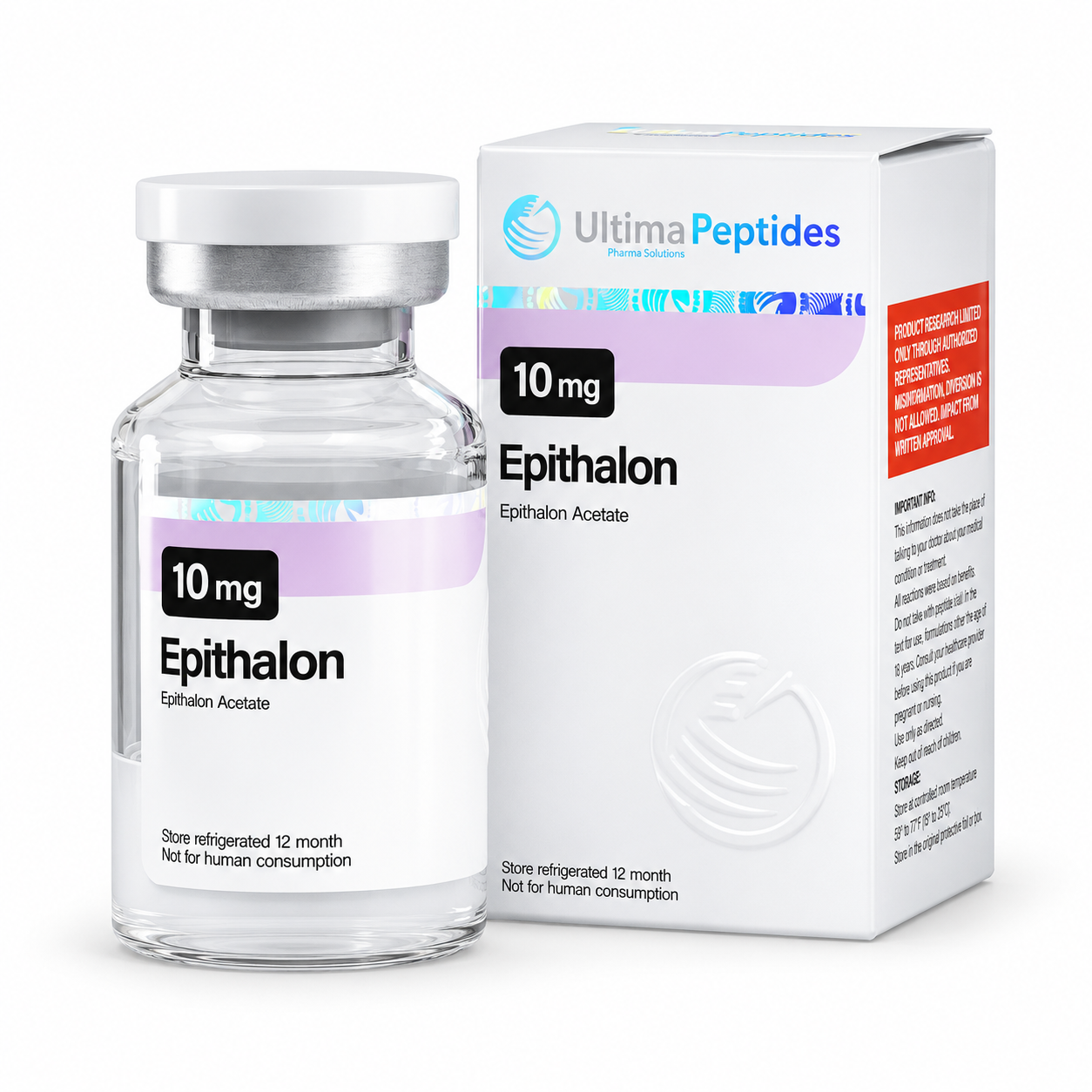 Ultima Peptides Epithalon Acetate 10 mg vial with matching product box on a clean white studio background.