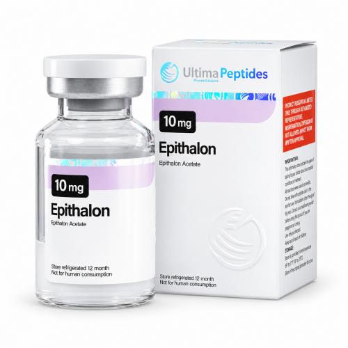 Ultima Peptides Epithalon Acetate 10 mg vial with matching product box on a clean white studio background.