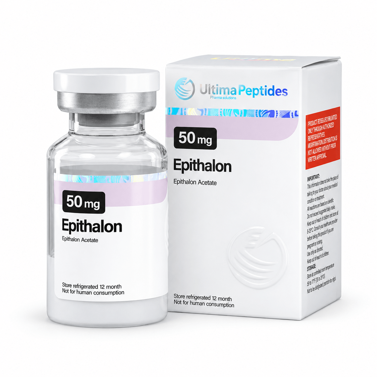 Ultima Peptides Epithalon Acetate 50 mg vial with matching product box on a clean white background.