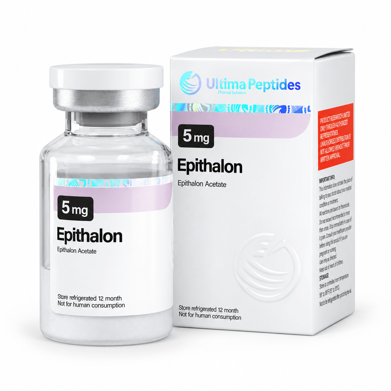 Ultima Peptides Epithalon Acetate 5 mg vial with matching product box on a clean white background.