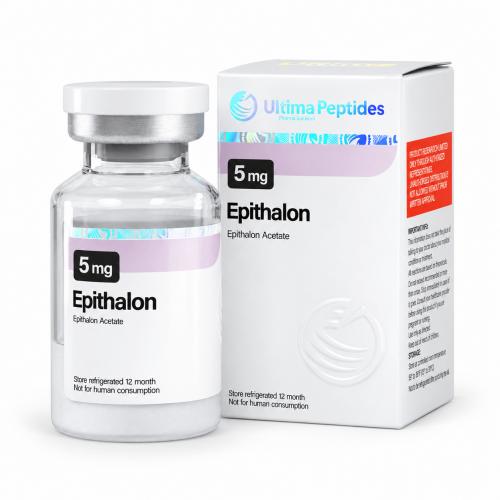 Ultima Peptides Epithalon Acetate 5 mg vial with matching product box on a clean white background.