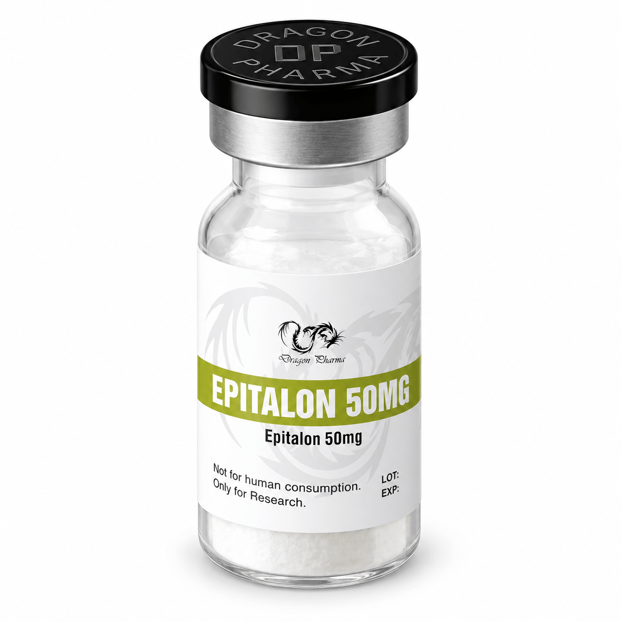 Dragon Pharma Epitalon 50 mg vial with white powder, black cap, silver seal, and green-and-white label on a clean white background.