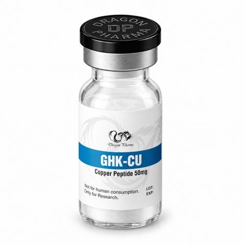 Dragon Pharma GHK-CU Copper Peptide 50 mg vial with a blue-and-white label, black cap, and silver seal on a clean white background.
