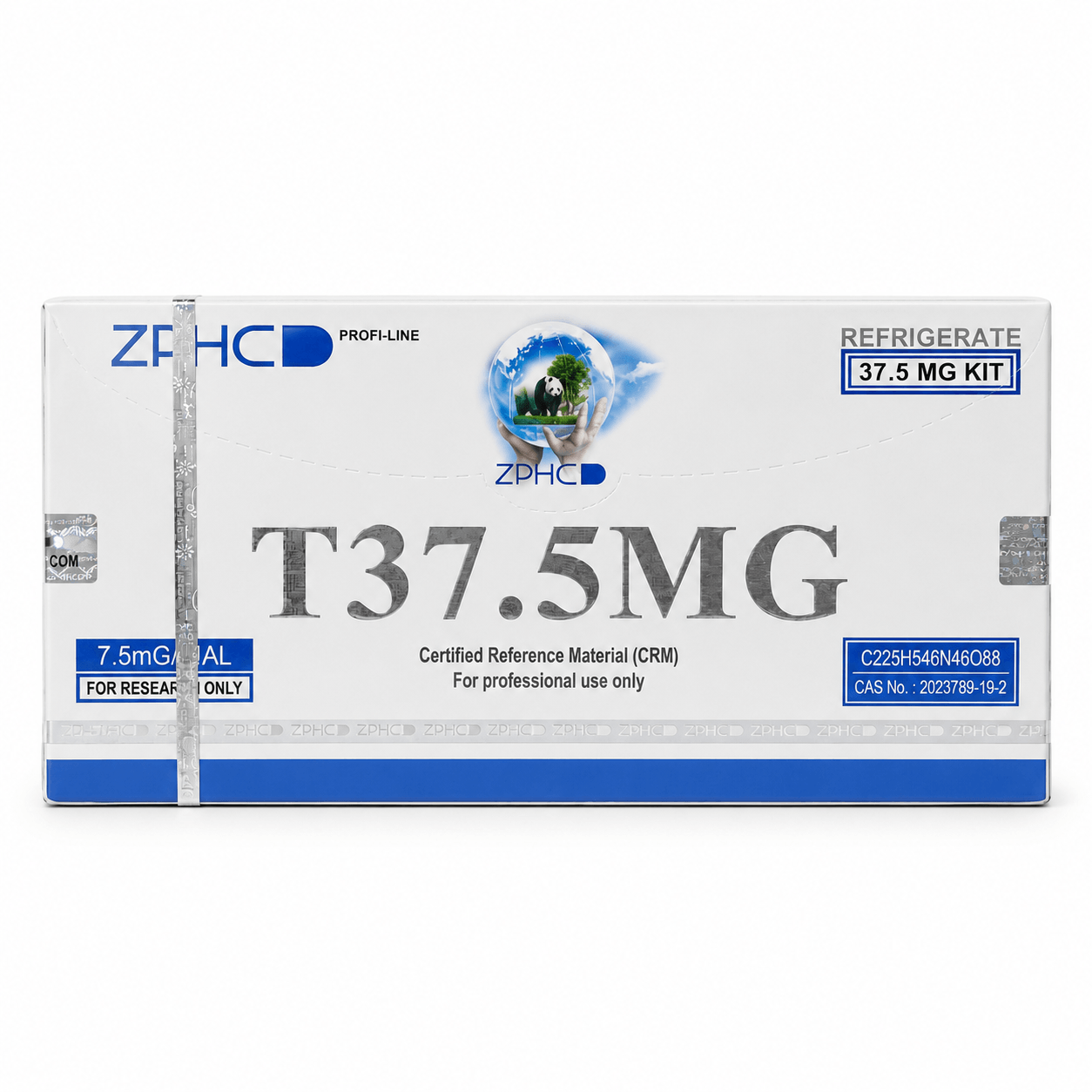 ZPHC T37.5MG 37.5 mg research kit box with blue and silver packaging, security seals, and certified reference material labeling on a clean white background.