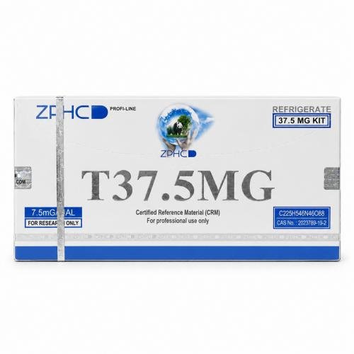 ZPHC T37.5MG 37.5 mg research kit box with blue and silver packaging, security seals, and certified reference material labeling on a clean white background.