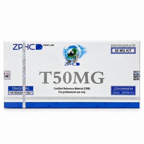 ZPHC T50MG 50 mg research kit box with blue and silver packaging, holographic security seals, and certified reference material labeling on a clean white background.