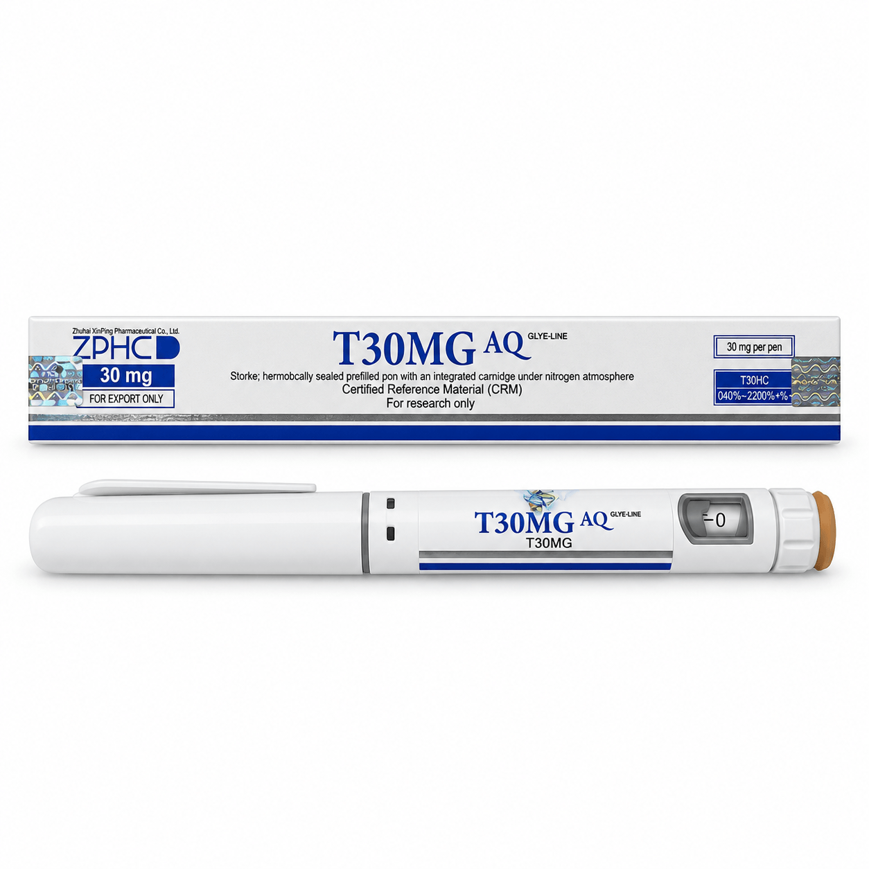 ZPHC T30MG AQ 30 mg pen with matching product box, blue-and-white labeling, and research-use packaging on a clean white background.