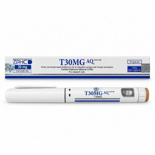 ZPHC T30MG AQ 30 mg pen with matching product box, blue-and-white labeling, and research-use packaging on a clean white background.
