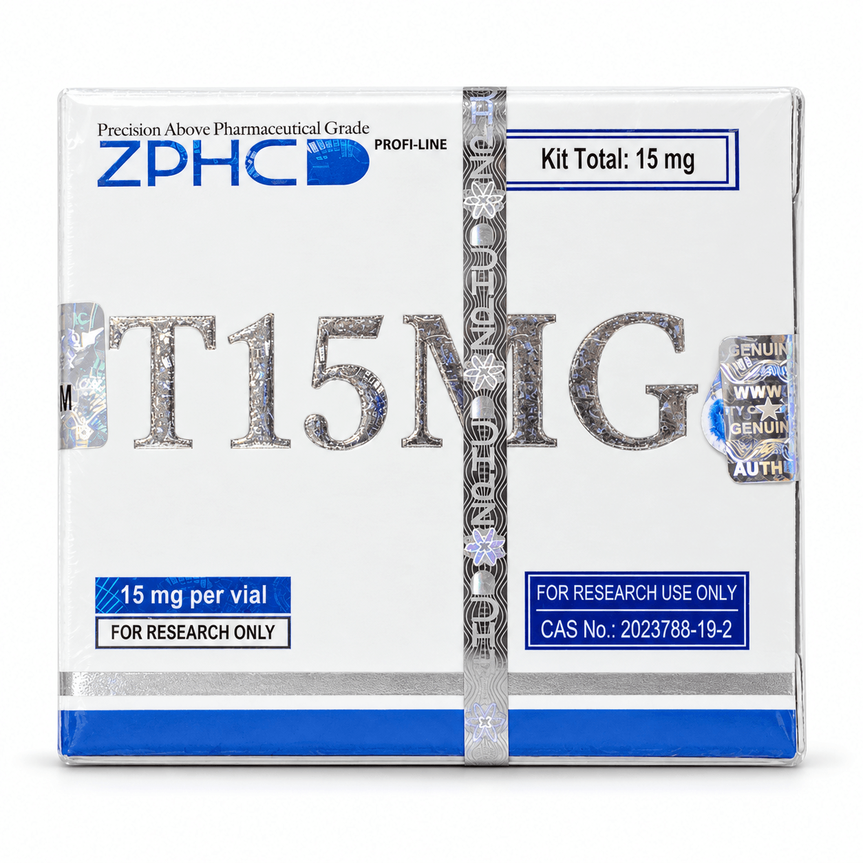 ZPHC T15MG 15 mg research kit box with blue, silver, and holographic security packaging on a clean white background.