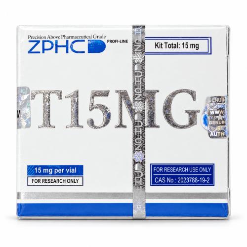 ZPHC T15MG 15 mg research kit box with blue, silver, and holographic security packaging on a clean white background.