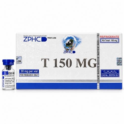 ZPHC T150 MG 150 mg research kit box with matching vial, blue-and-white packaging, refrigeration label, and holographic security seals on a clean white background.