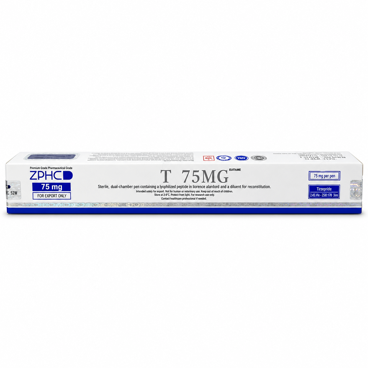 ZPHC T75MG 75 mg pharmaceutical research pen packaging with blue-and-white design, holographic security elements, and export-only labeling on a clean white background.