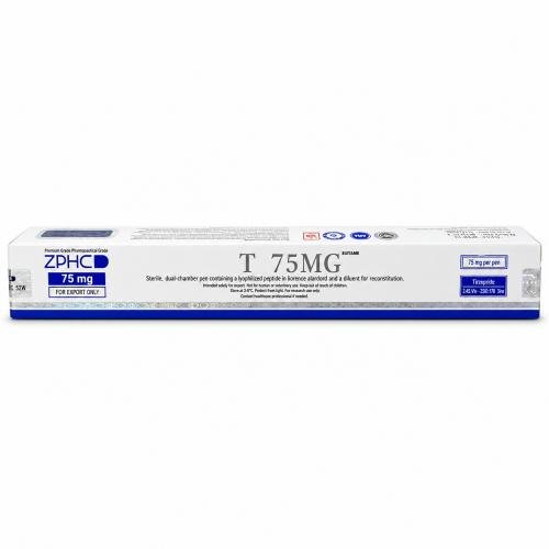 ZPHC T75MG 75 mg pharmaceutical research pen packaging with blue-and-white design, holographic security elements, and export-only labeling on a clean white background.