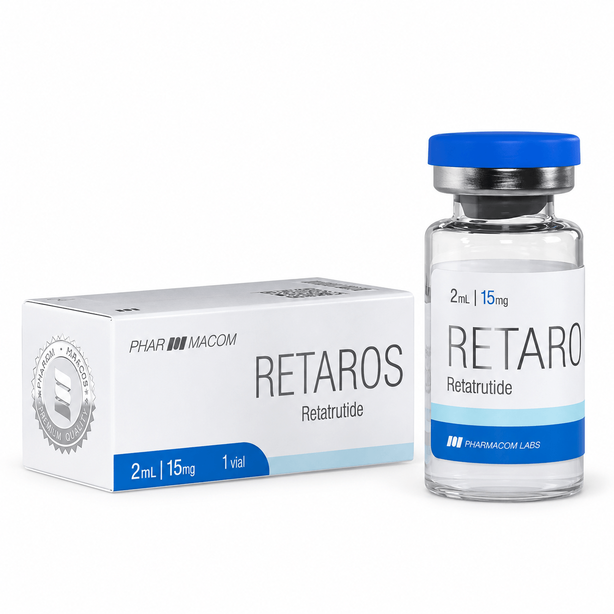 RETAROS Retatrutide 15 mg vial and matching Pharmacom Labs box on a clean white background.