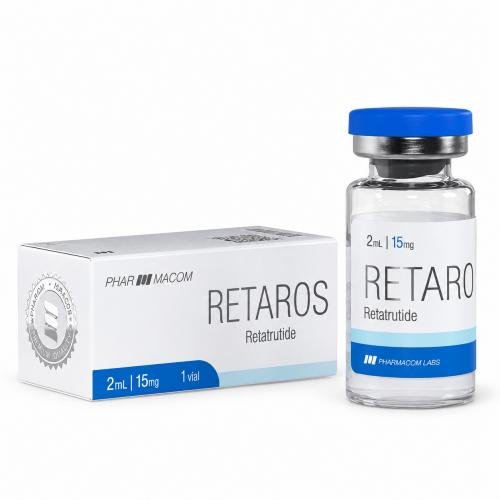 RETAROS Retatrutide 15 mg vial and matching Pharmacom Labs box on a clean white background.