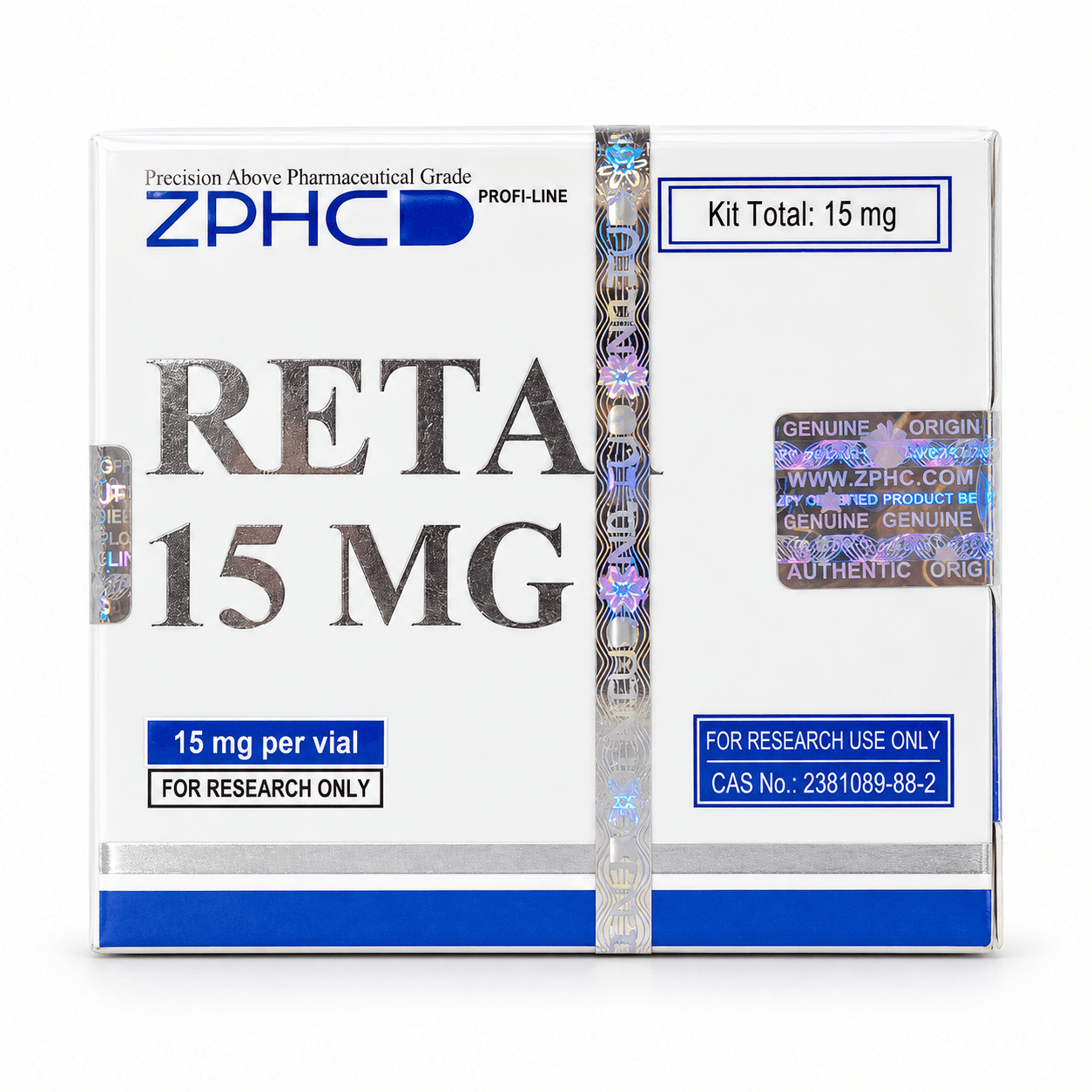 ZPHC RETA 15 mg research-use product box with holographic security seals on a clean white background.