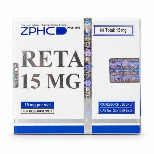 ZPHC RETA 15 mg research-use product box with holographic security seals on a clean white background.