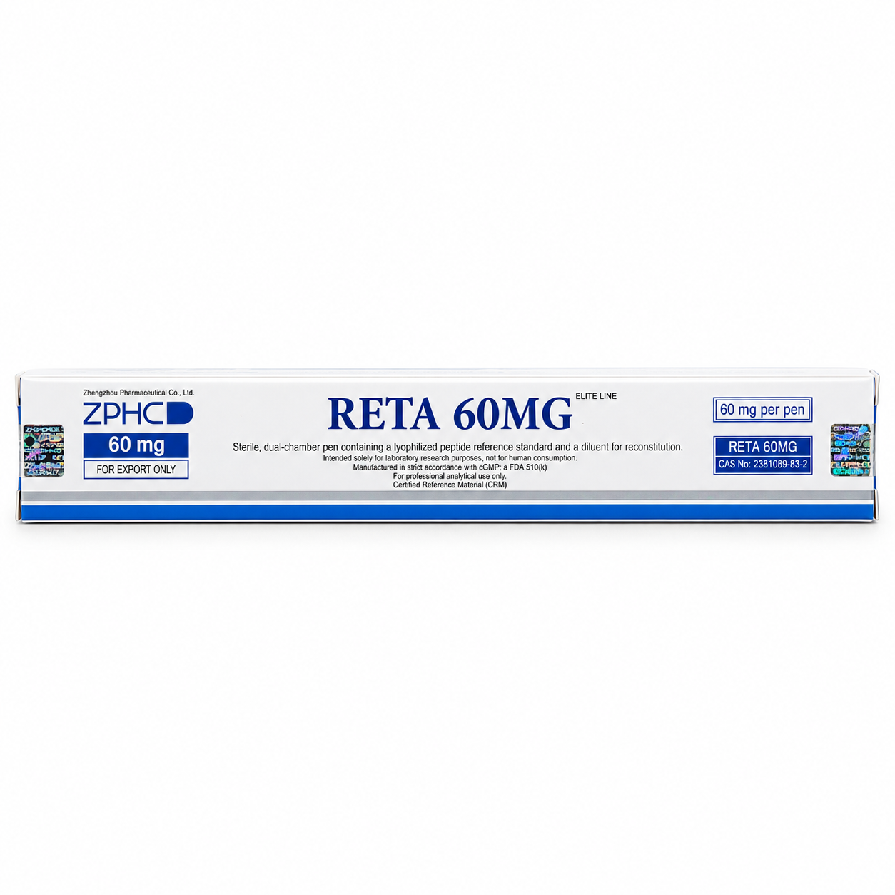 ZPHC RETA 60MG dual-chamber research pen box with blue accents and holographic security labels on a clean white background.