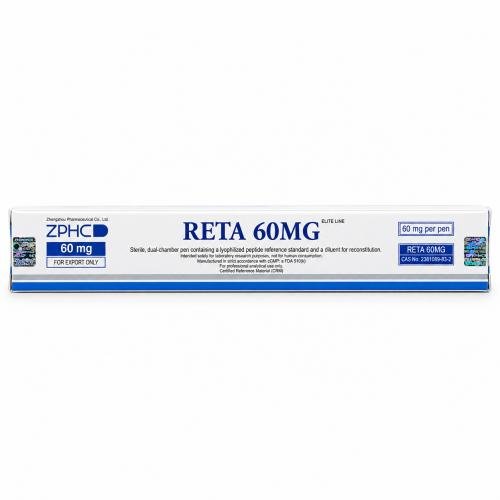 ZPHC RETA 60MG dual-chamber research pen box with blue accents and holographic security labels on a clean white background.