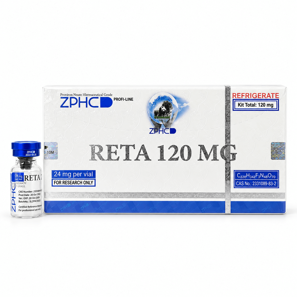 ZPHC RETA 120 MG research-use kit with matching vial, blue accents, and holographic security details on a clean white background.