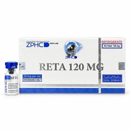ZPHC RETA 120 MG research-use kit with matching vial, blue accents, and holographic security details on a clean white background.