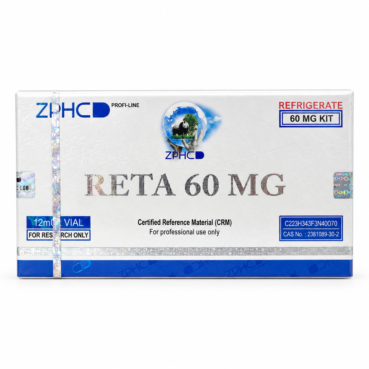 ZPHC RETA 60 MG research-use kit box with holographic security seals and blue accents on a clean white background.