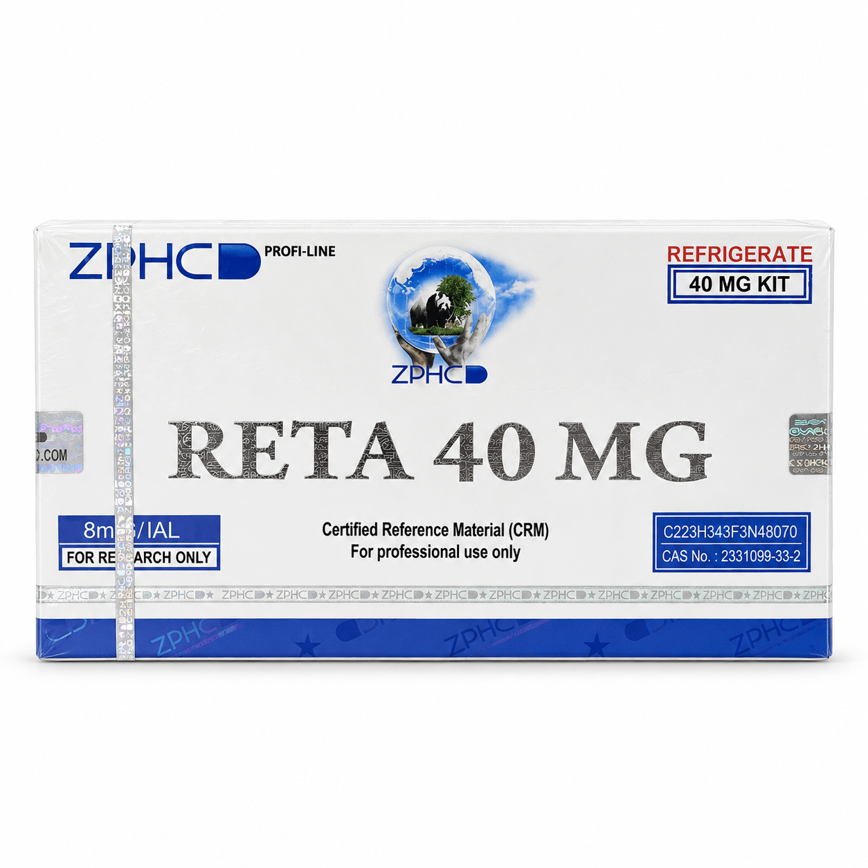 ZPHC RETA 40 MG research-use kit box with holographic security seals, blue accents, and refrigeration labeling on a clean white background.