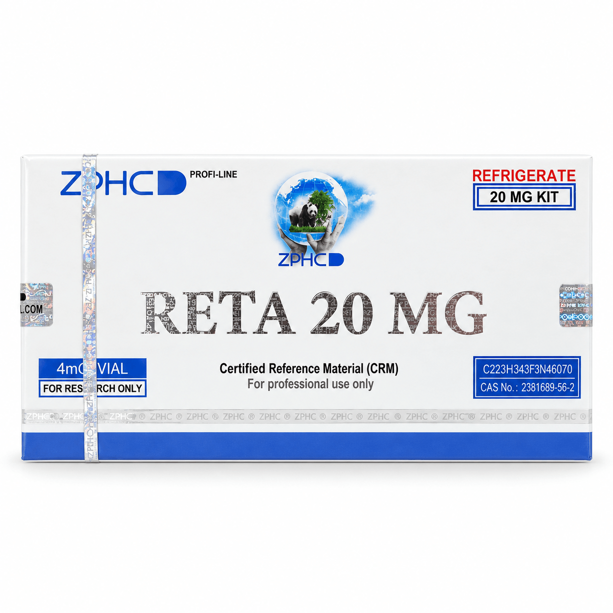 ZPHC RETA 20 MG research-use kit box with holographic security seals, blue accents, and refrigeration labeling on a clean white background.