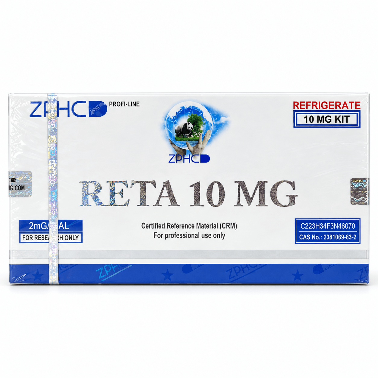 ZPHC RETA 10 MG research-use kit box with holographic security seals, blue accents, and refrigeration labeling on a clean white background.