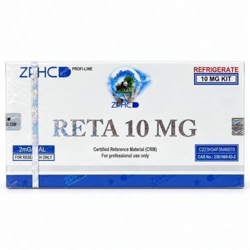 ZPHC RETA 10 MG research-use kit box with holographic security seals, blue accents, and refrigeration labeling on a clean white background.