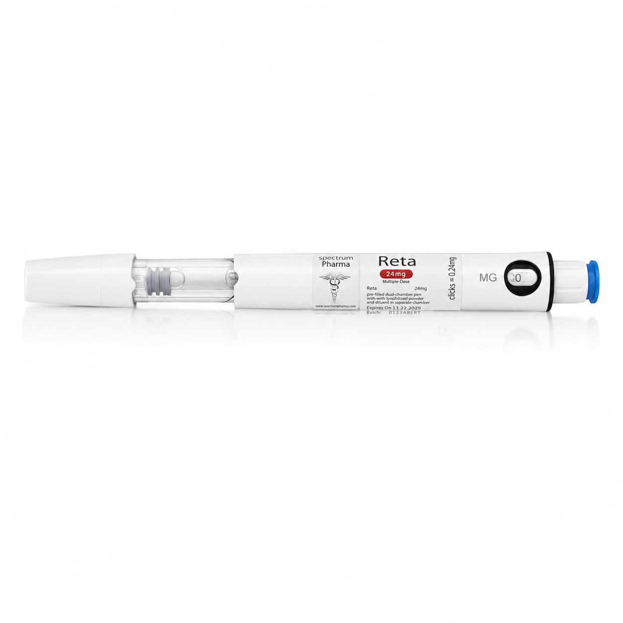 Spectrum Pharma Reta 24 mg multi-dose injection pen on a clean white background.