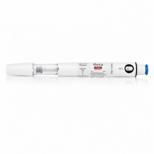 Spectrum Pharma Reta 24 mg multi-dose injection pen on a clean white background.