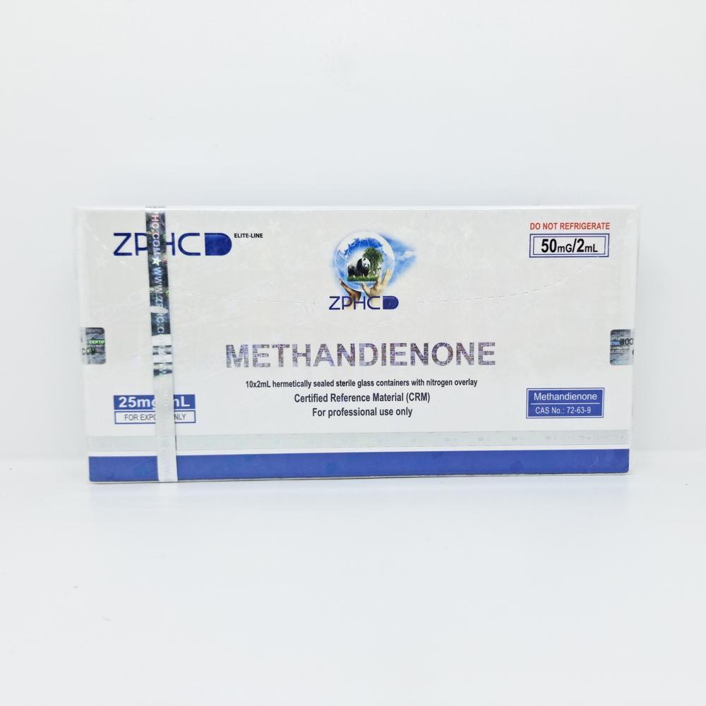 Methandienone Injectable 25mg/ml 2ml ZPHC ampoule, representing a powerful anabolic steroid used for muscle mass gain, strength enhancement, and bulking cycles.