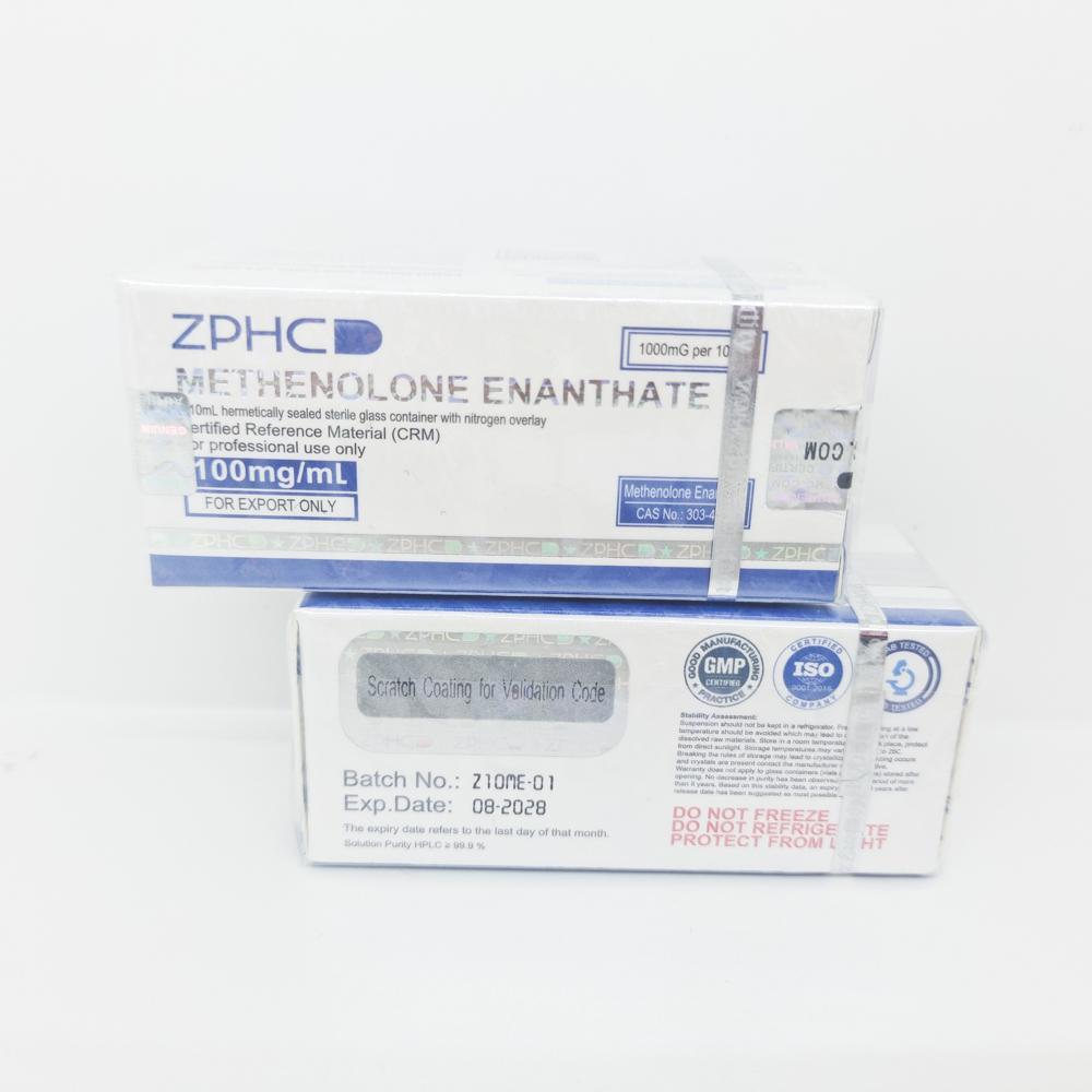 Methenolone Enanthate 100mg/ml 10ml ZPHC vial, representing an anabolic steroid used for lean muscle preservation, strength enhancement, and fat loss during cutting cycles.